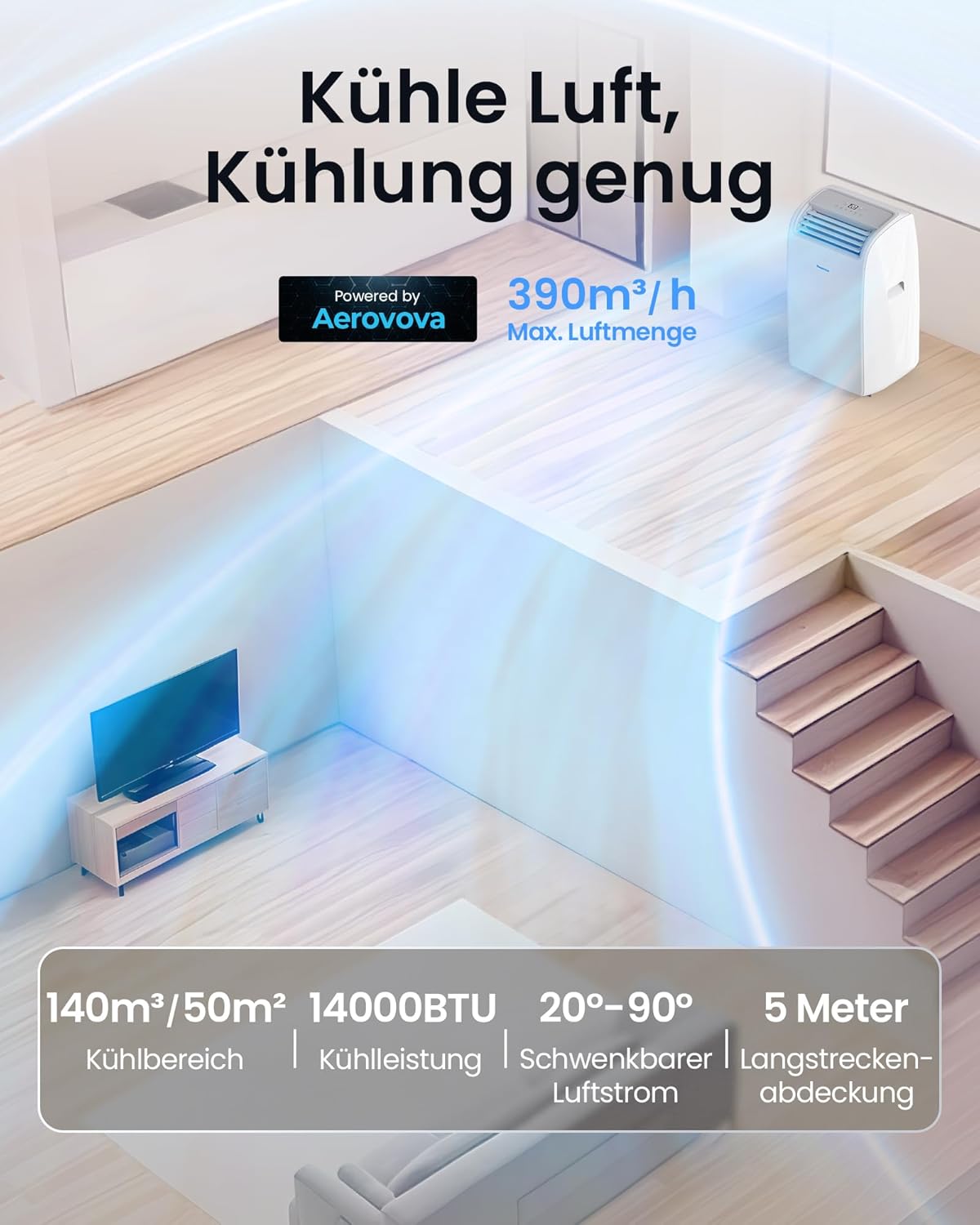 Newentor mobile Klimaanlage 14000 BTU, Klimaanlage mobil mit Abluftschlauch für Räume bis 50㎡, kühlen/entfeuchten/ventilieren mit Fernbedienung