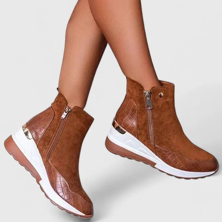 Women��s Black Wedge Ankle Boots Croc-Panel Zip-Up Design