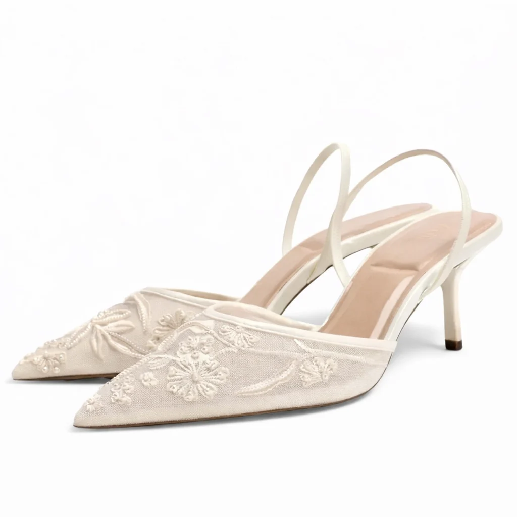 Women��s Embroidered Mesh Mule Heels Floral Design Pointed Toe