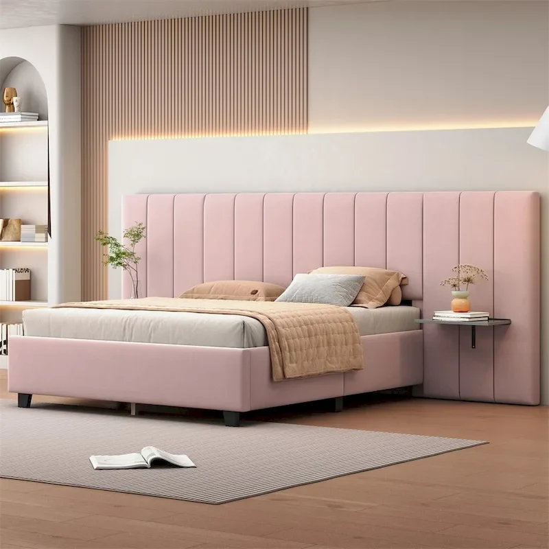 Queen Size Velvet Upholstered Platform Bed with Big Headboard