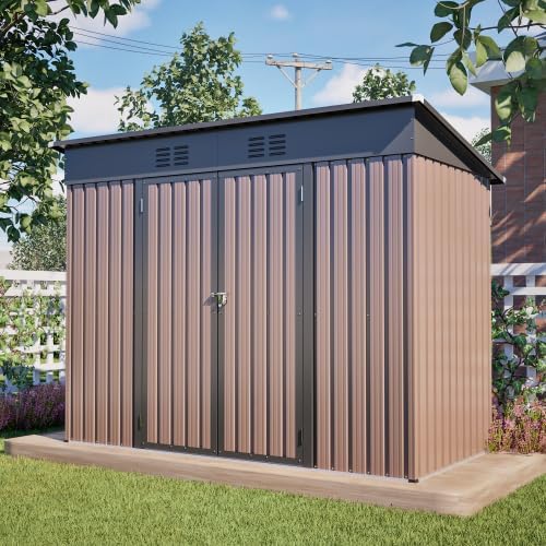 Geräteschuppen Metall 8 x 4 Fuß mit Fundament, Gerätehaus wetterfest als Fahrradgarage für 2-3 Fahrräder, Mülltonnenbox & Gartengerätehaus, verzinkter Stahlschuppen mit Schrägdach & Belüftung, Braun