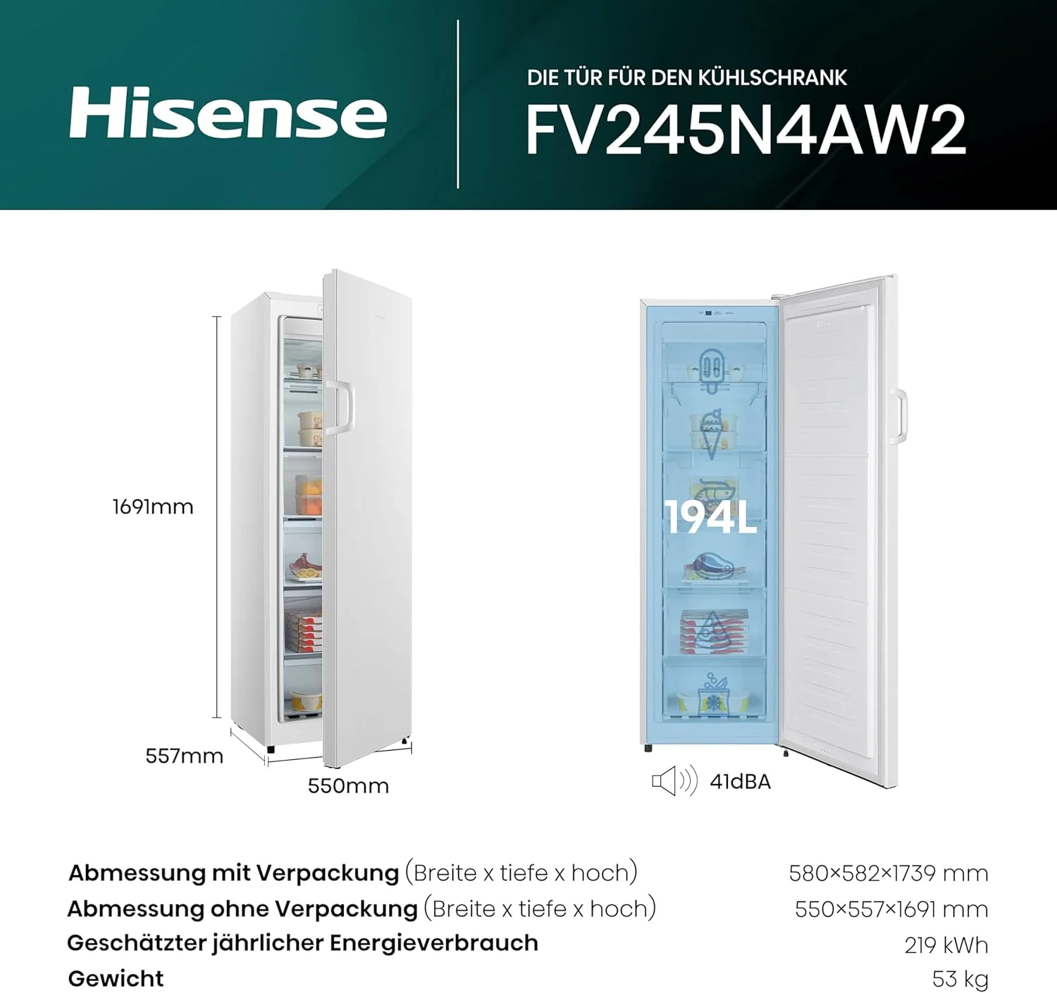 Hisense FV191N4AW2 Congelatore verticale/ Total No Frost/ Super Freeze/ Allarme porta/ Multiflow 360°/ BigBox/ 143,4 cm/ Congelatore 147 l/ 41 dB/ 205 kWh/Bianco