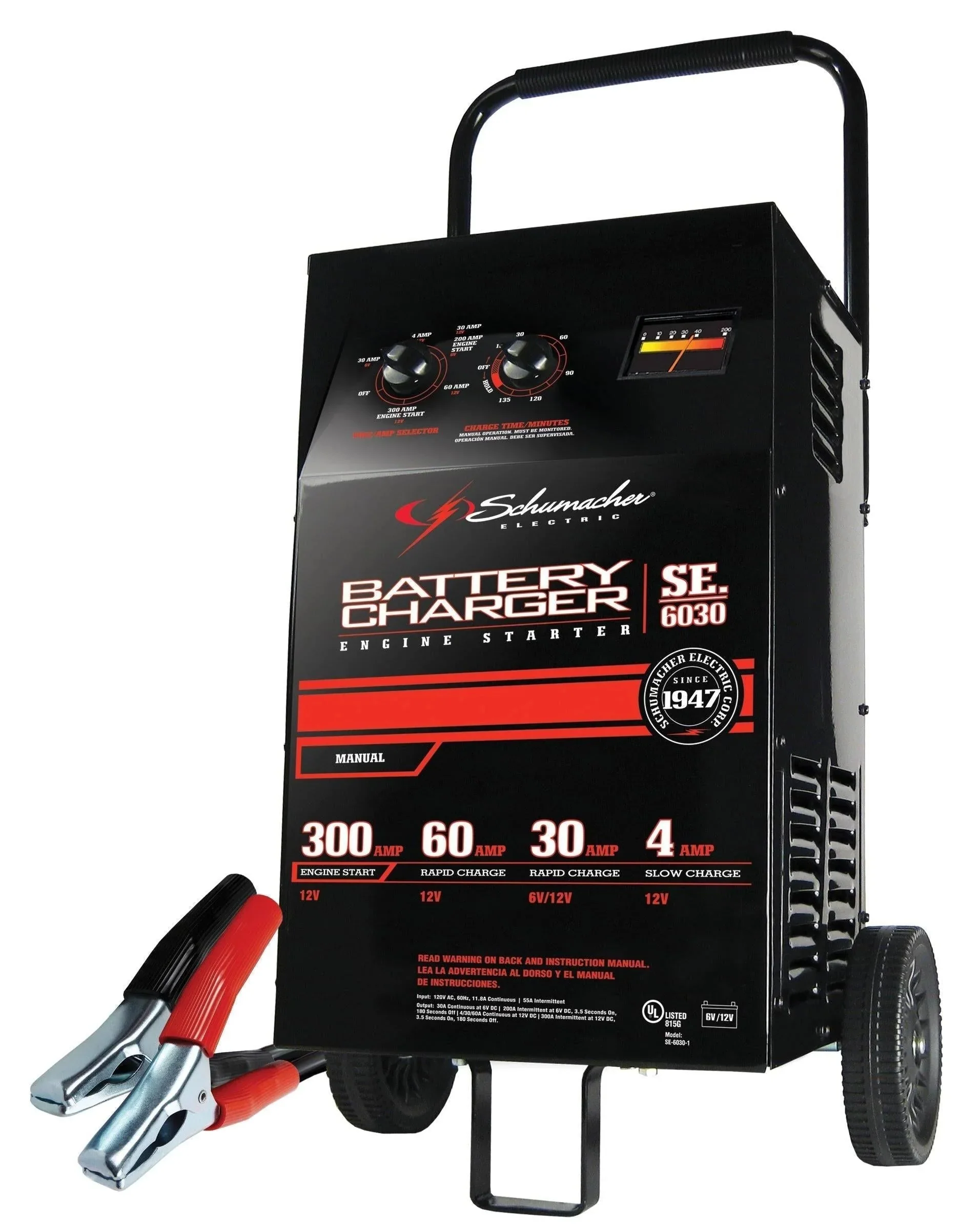 Schumacher Electric, portable battery charger and engine starter, SC1446, 2-in-1, manual timer, 300 cold cranking amps, 6 volts, 12 volts, for car, SUV, truck and boat batteries