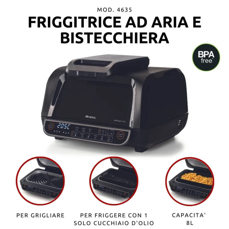 Friggitrice ad aria e Griglia 1700W - 8L - 8 funzioni di cottura - Nero