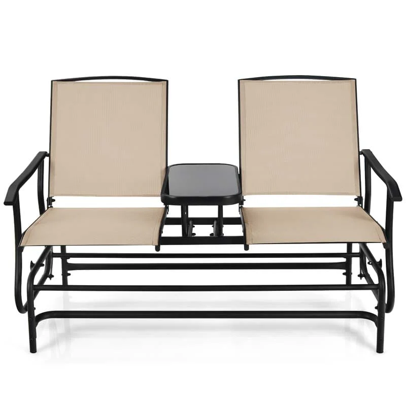2 Person Outdoor Bench Glider Chair With Center Table Mesh Fabric Rocking Loveseat For Patio - Comfortable And Ergonomic Design