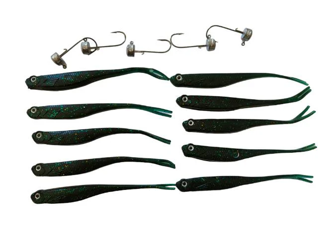 10pcs MasterPro 13cm, 8.5g Dark Green With metallic points Fork Tail minnow  lure +5pcs jigheads