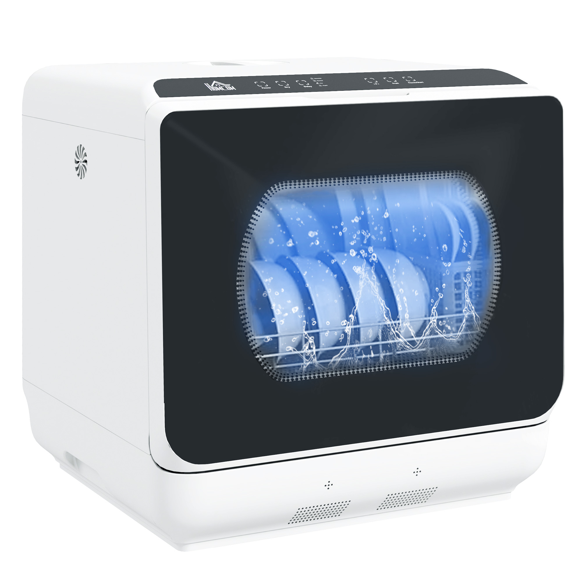 HOMCOM Compacte Tafelvaatwasser, 4 Couverts, Droogmodus, 6L Tank/Kraan, Startuitstel, LED, Wit
