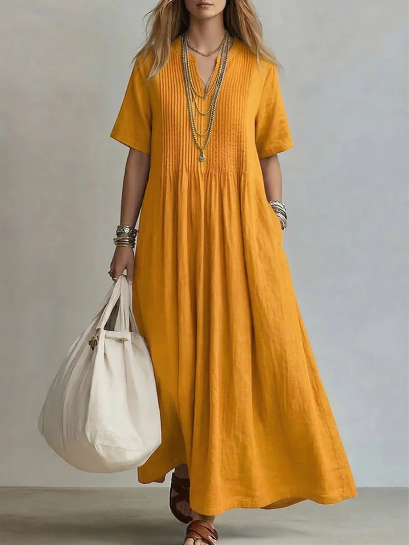 Women��s Pleated Maxi Dress Soft Linen Fabric with Pockets