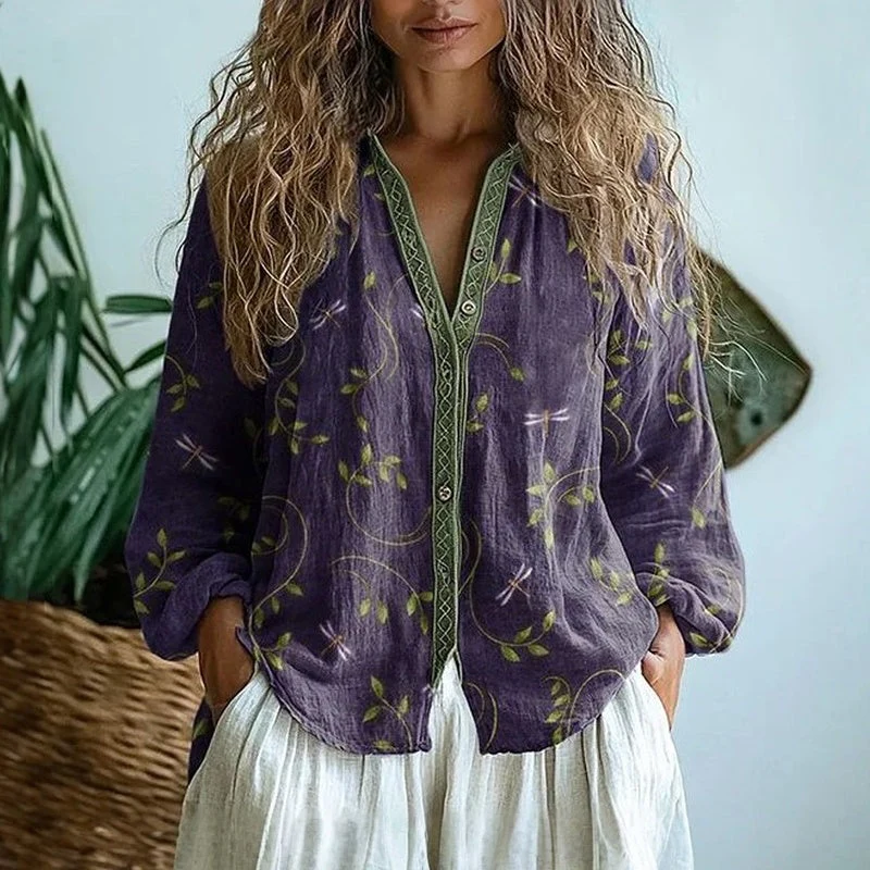 Women��s Long Sleeve Blouse Embroidered Floral V-Neck Design