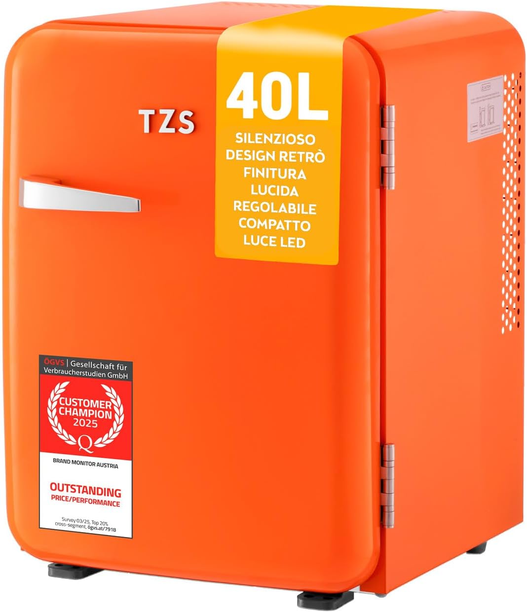 TZS First Austria - Mini Frigorifero Retrò 40L silenzioso - Piccolo Minifrigo design vintage con luce interna e 2 scomparti porta - Minibar per campeggio, ufficio, camera da letto e hotel - aranc