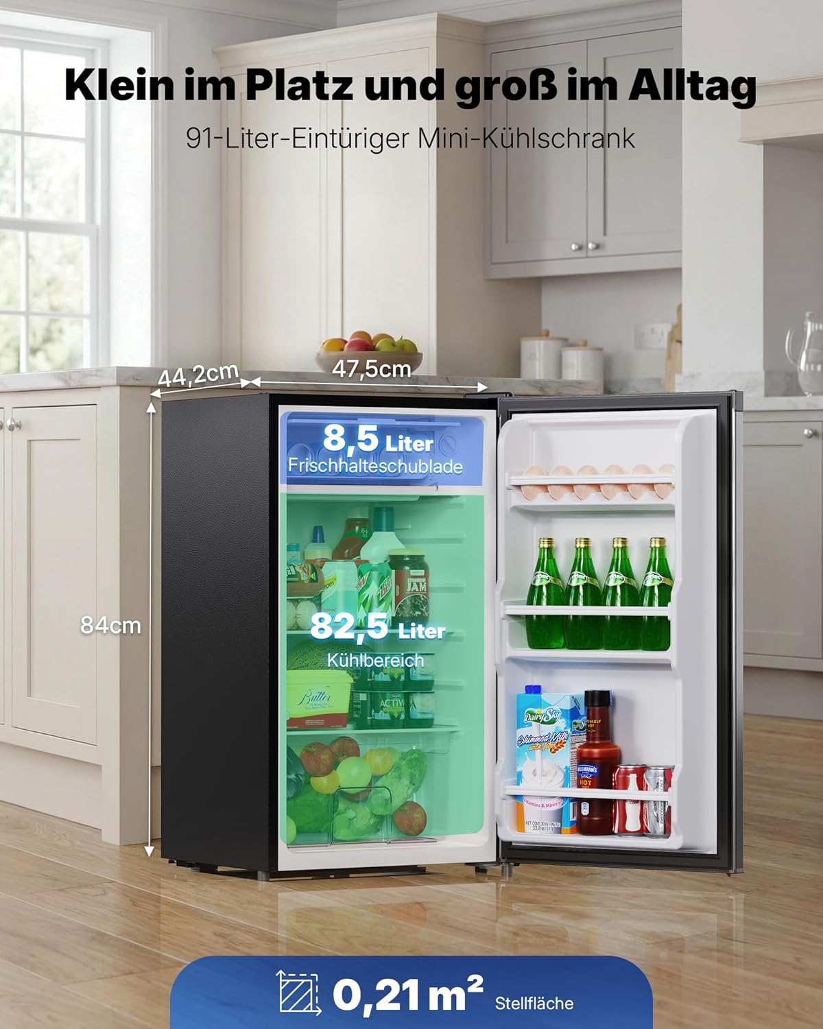 Upstreman 91L Kleiner Kühlschrank mit Schnellkühlfach, 5 Temperaturstufen (0-10℃), Energieeffizient, 41 dB Leiser Betrieb, Kompakt Geräumig für Studentenwohnheim/Büro, BR321-Silber