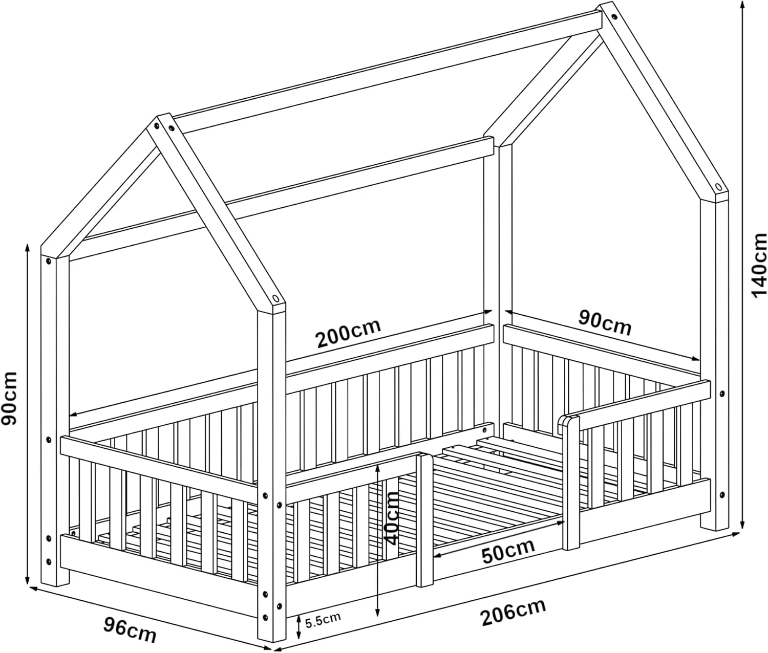 [en.casa] Letto per bambini Sisimiut a capanna 80 x 160 cm con protezione anticaduta letto in legno per bambini letto a terra rete a doghe in legno di pino Bianco opaco