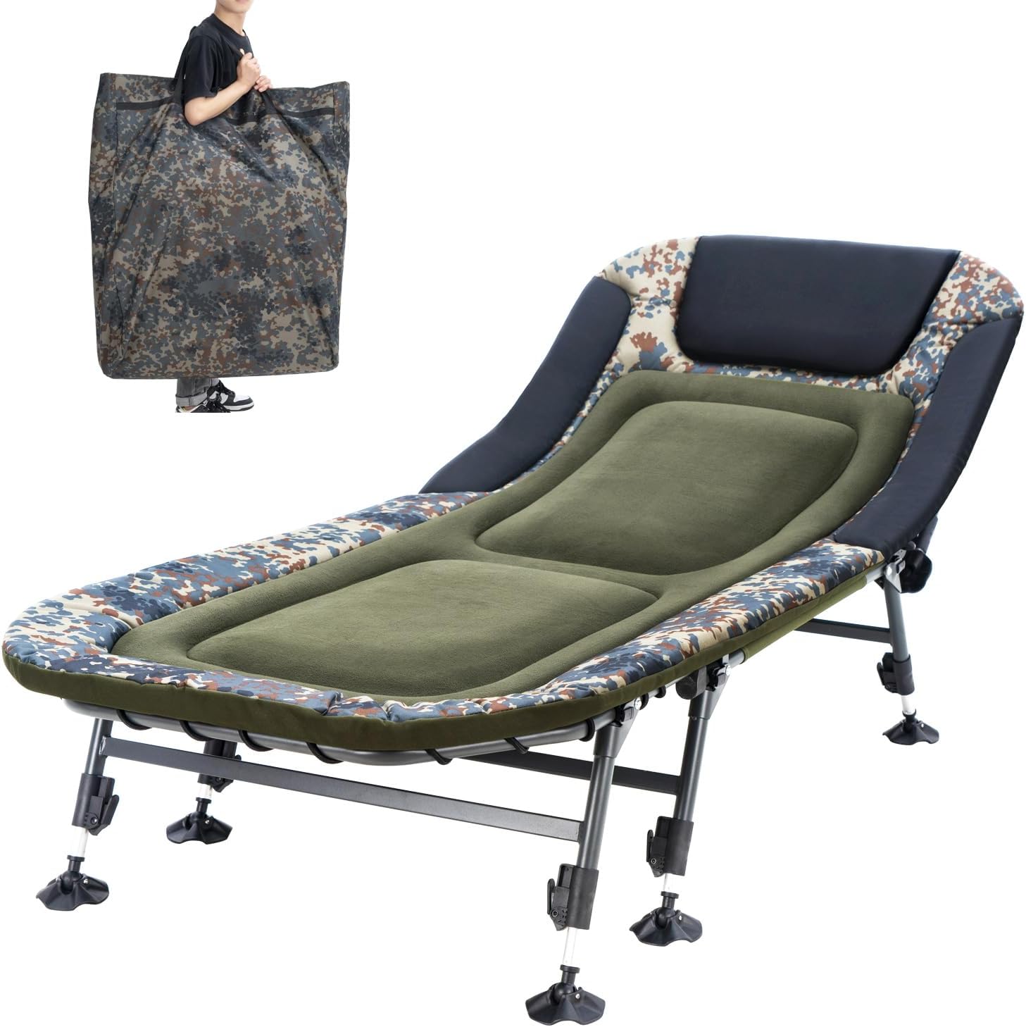 Camping Cots for Adults 330Lbs with Carry Bag, Heavy Duty Folding Bed with Soft Padded Cushion, Portable Military Cot for Hunting, 180�� Adjustable Reclining Outdoor Lounger