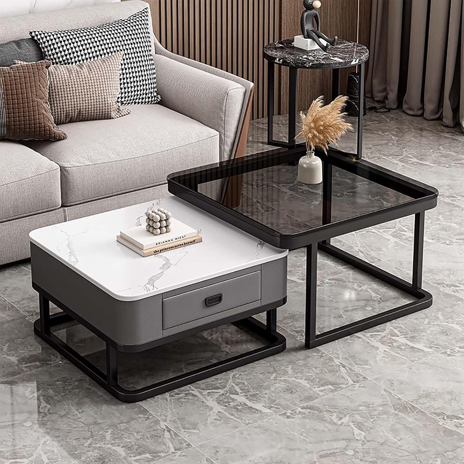 Quadratischer Couchtisch Gold Set aus 2 Glas Couchtisch mit Metallrahmen Kaffeetische für Wohnzimmer Aufbewahrung Couchtisch Moderne Design Home Easy Assembly für Wohnzimmer Büro Schlafzimmer