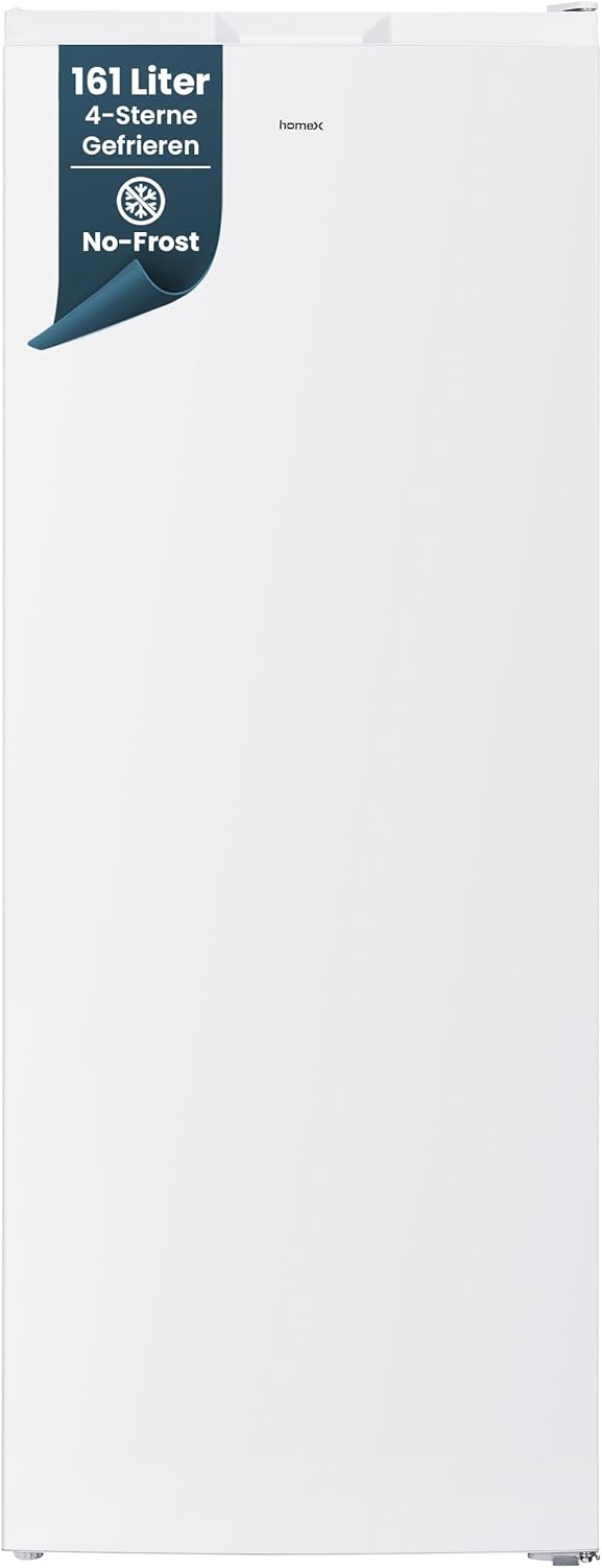 homeX Gefrierschrank NoFrost, Tiefkühlschrank groß - 161L Nutzinhalt, 4-Sterne Gefrieren, Freezer No Frost, Gefrierschränke freistehend, Temperaturregelung, Super-Frost-Funktion, leise 39 dB, weiß
