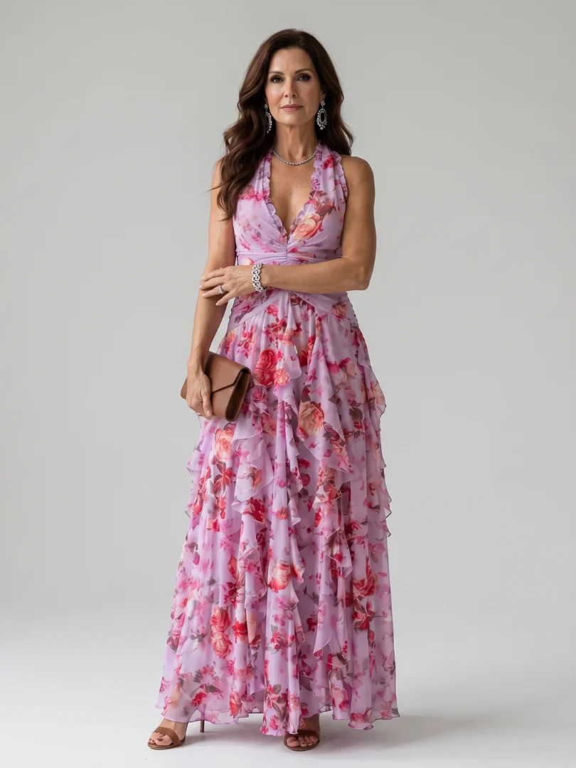 Womena??s Floral Maxi Dress Halter Neck with Ruched Bodice