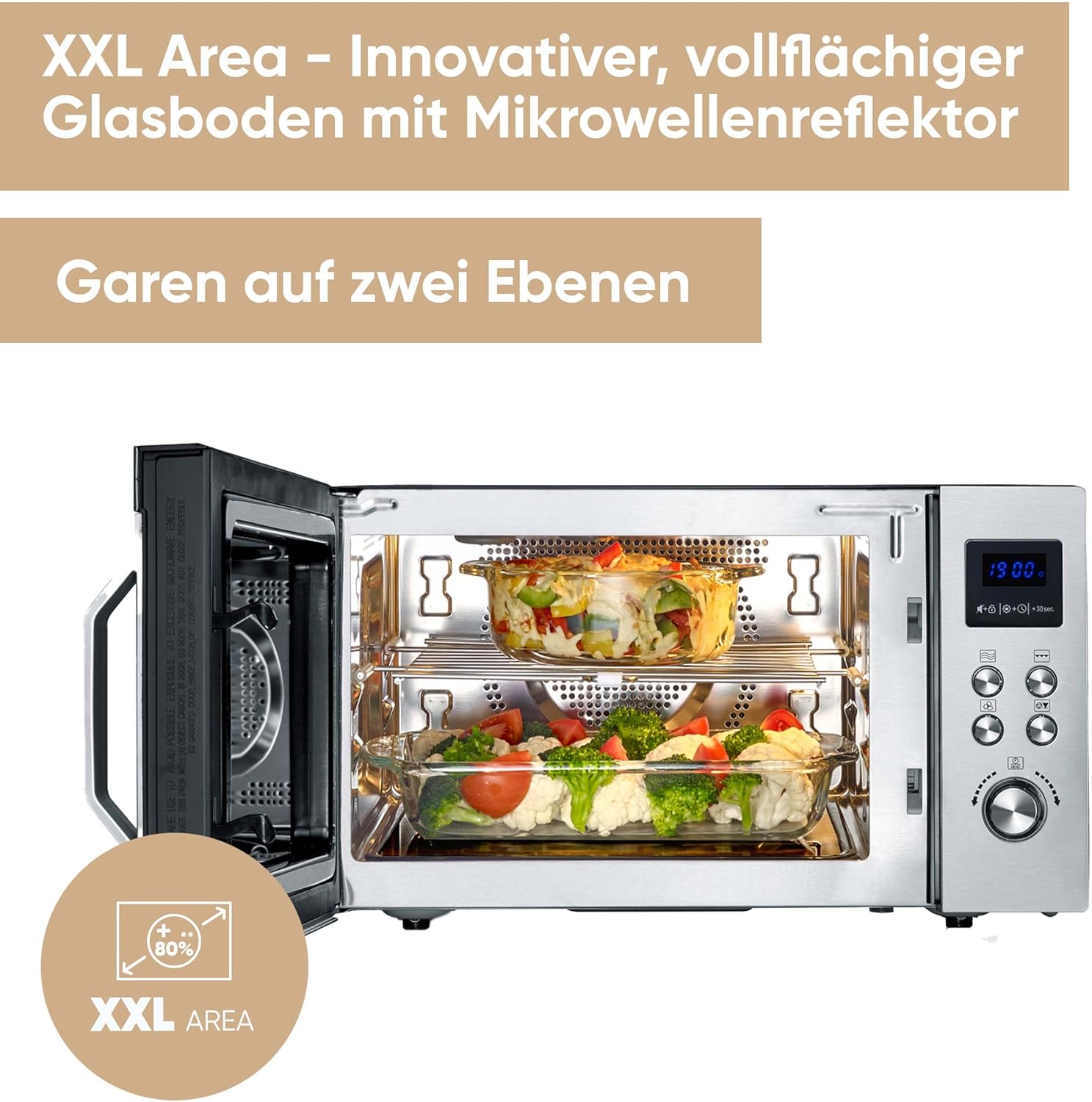 Severin 3-in-1 Mikrowelle mit Glasboden, Flatbed (flacher Hohlraum für große Speisen), Grill und Heißluftfunktion, Mikrowelle mit großer Nutzfläche für eckiges Geschirr, schwarz, Edelstahl, MW 7777