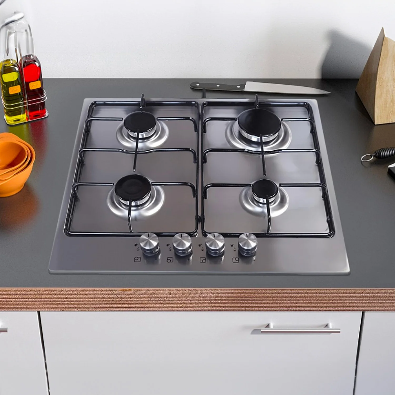 Piano Cottura 4 Fuochi A Gas In Acciaio Inox 50x58cm 220-240v