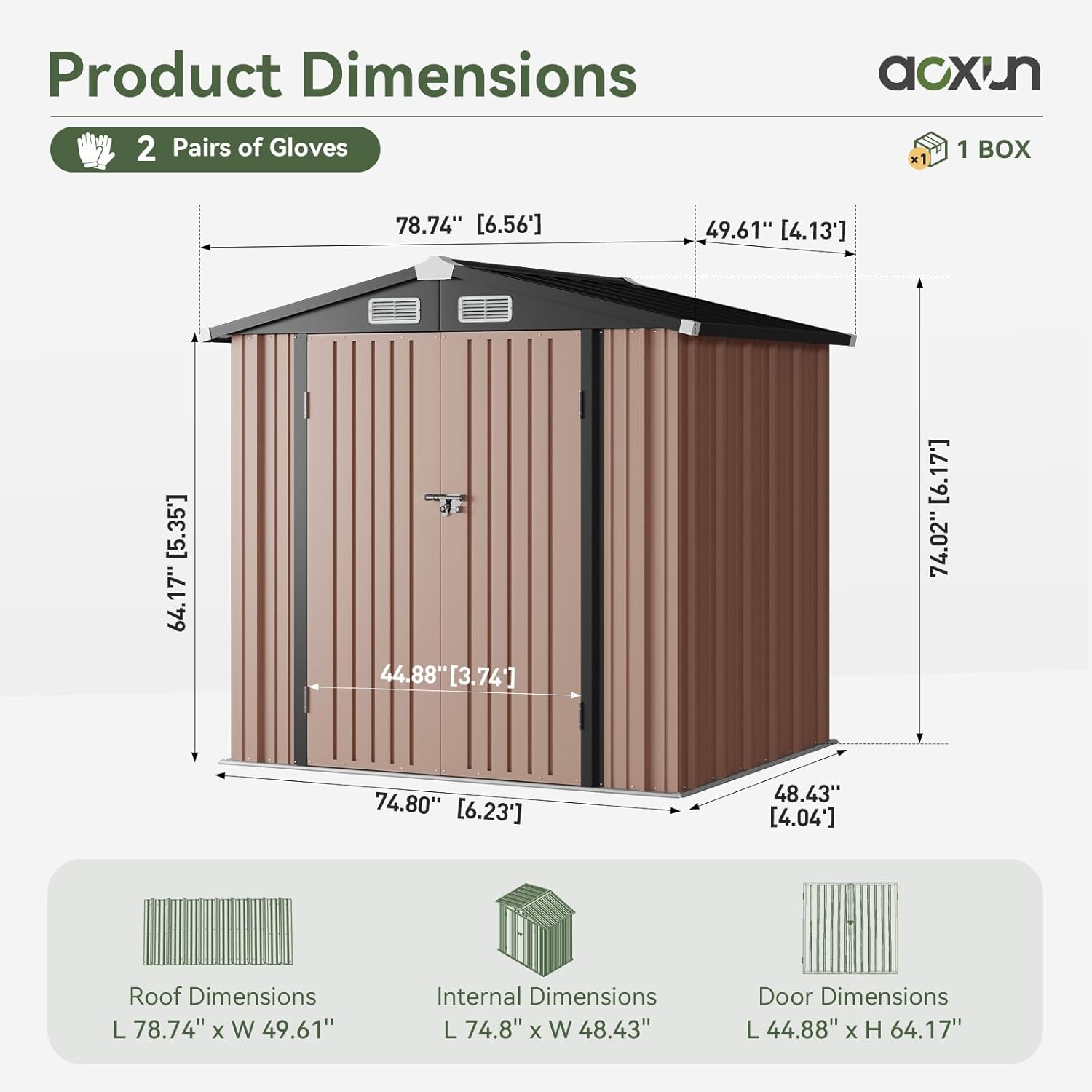 Aoxun 6.2x4 FT Shed Outdoor Storage Shed with Lockable Doors & Slooping Roof Metal Garden Tool Shed for Backyard  Patio  Poolside (Brown)