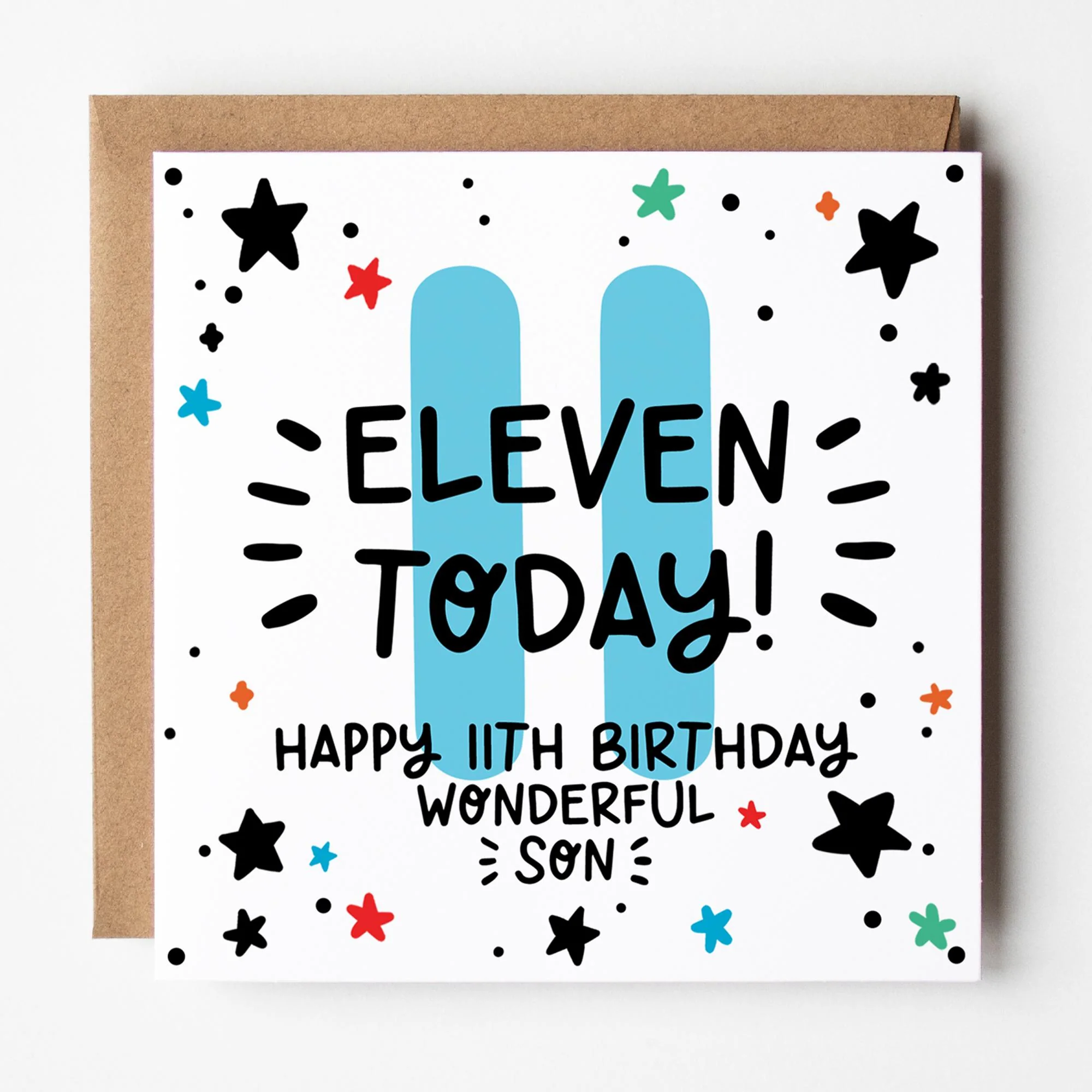 Son 11th Birthday Card: Number 11, 11 Today with Kraft Envelope