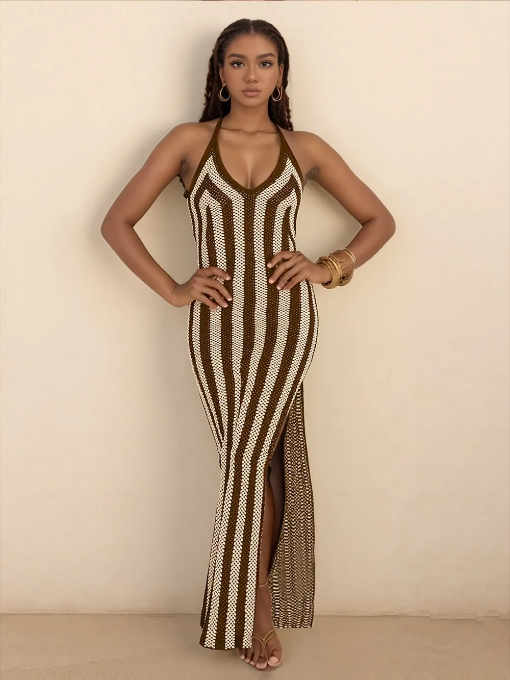 Slit Striped Halter Neck Dress