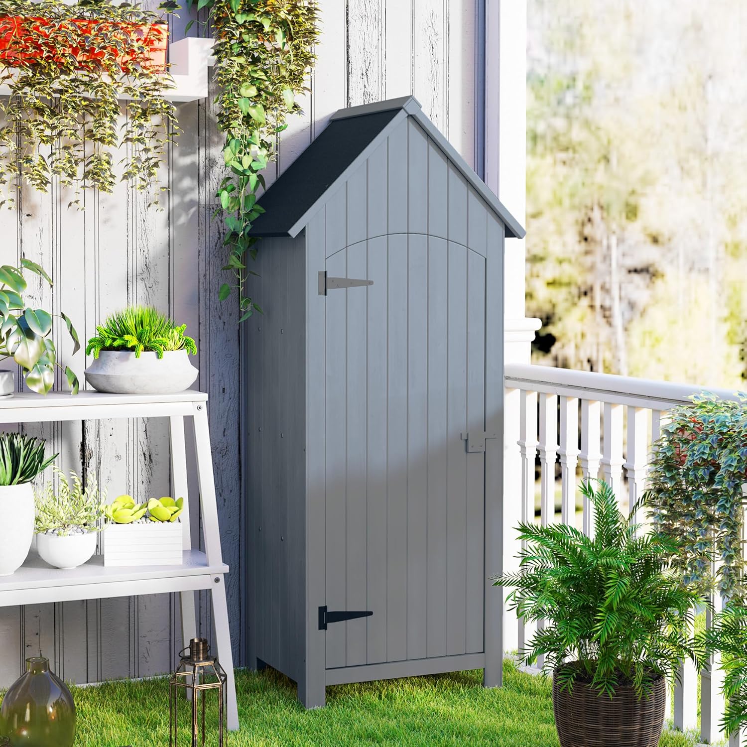 Outsunny Abri de Jardin en Bois cabane de Jardin Exterieur Armoire de Jardin avec Toit bitumé 3 étagères Porte avec loquet Rangement et Stockage extérieurs pour terrasse 77,5 x 54,2 x 179,5 cm Gris