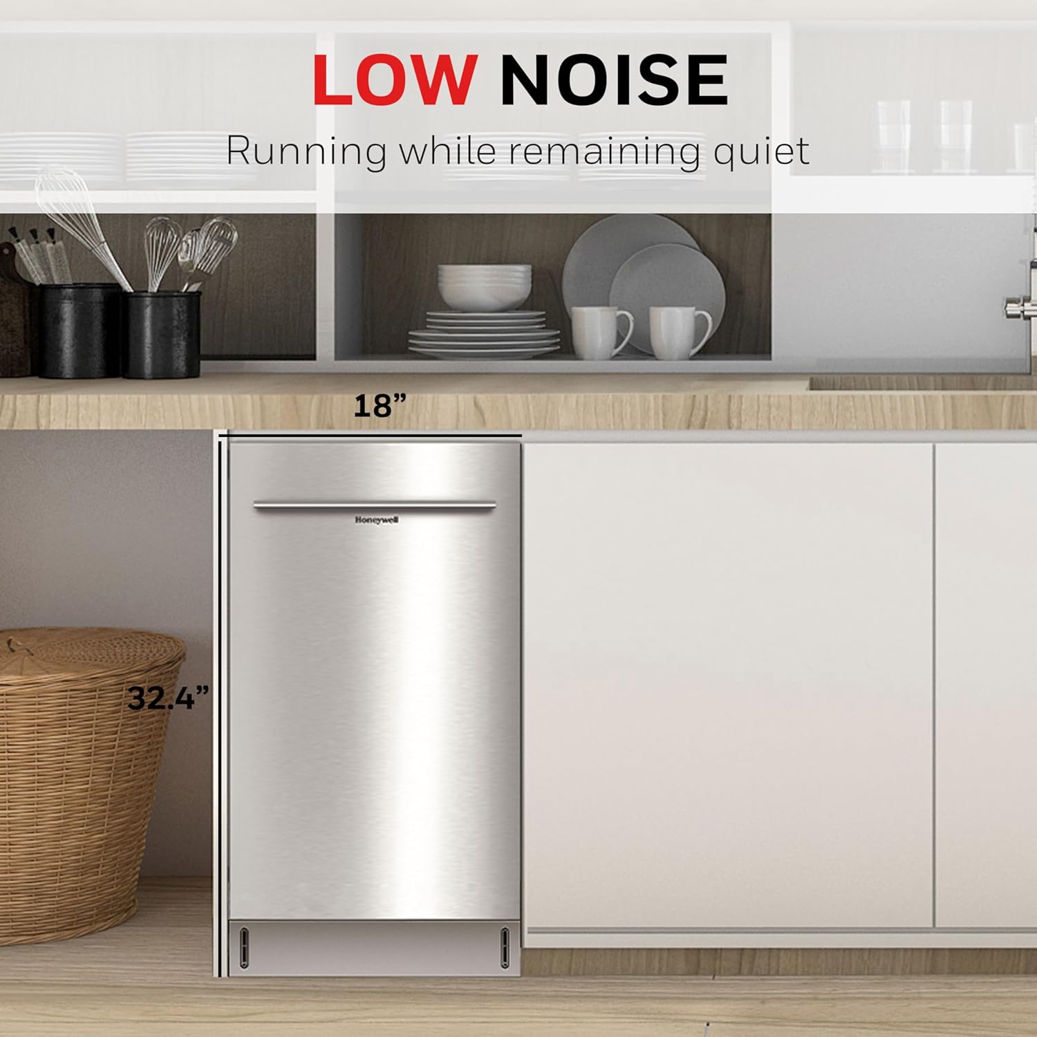 Honeywell 18 Inch Dishwasher with 8 Place settings, 6 Washing Programs, Stainless Steel Tub, UL/Energy Star  Stainless Steel