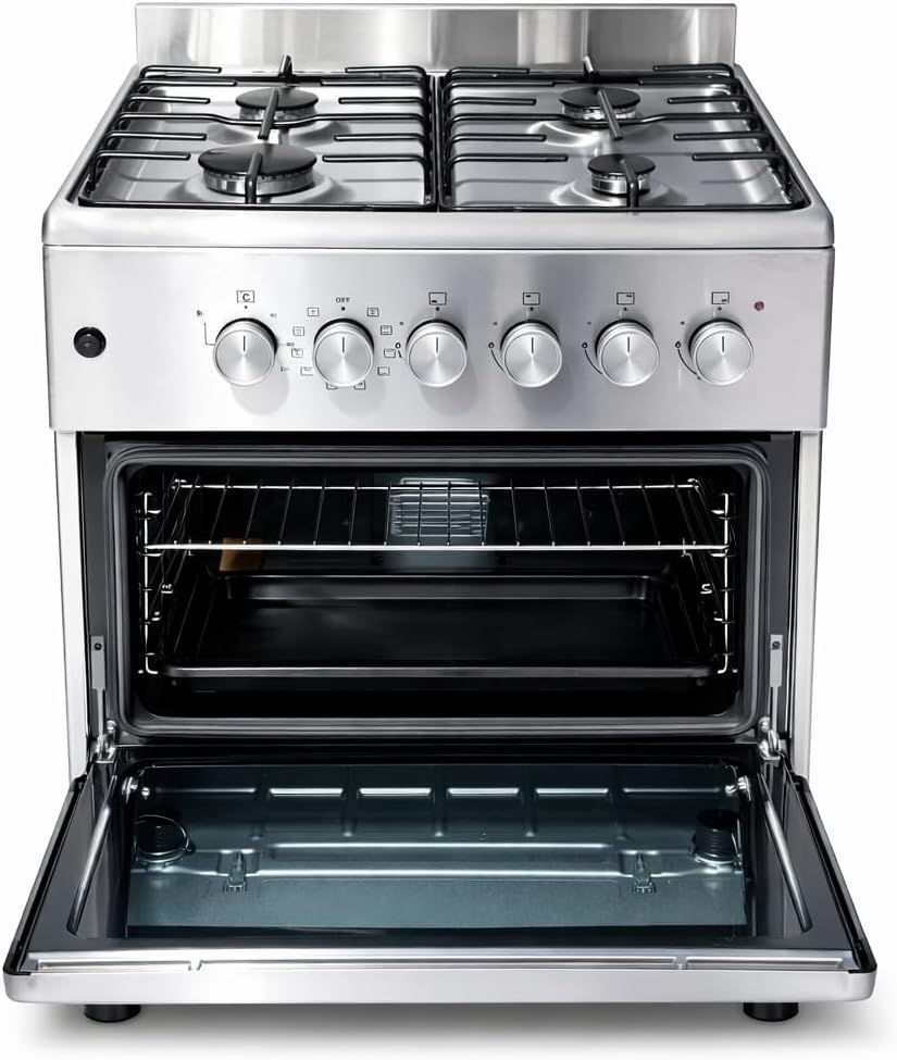 Gasline SHGE6060INX Standherd 60 cm Edelstahl mit Elektrobackofen, 4-flammigem Gaskochfeld, Grill und Drehspieß, elektrischer Zündung, Thermosicherung, für Erdgas und Flüssiggas geeignet