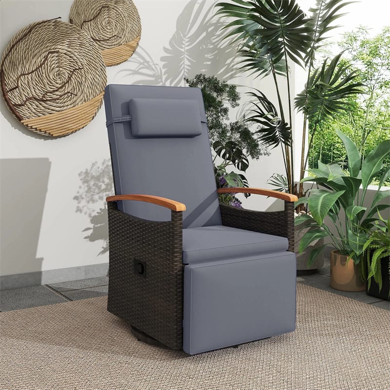 Outdoor Rattan 360° Swivel Recliner Chair, Patio Wicker Chaise Lounge Chair with Adjustable Backrest & Footrest, Flip Side Table & Cushions