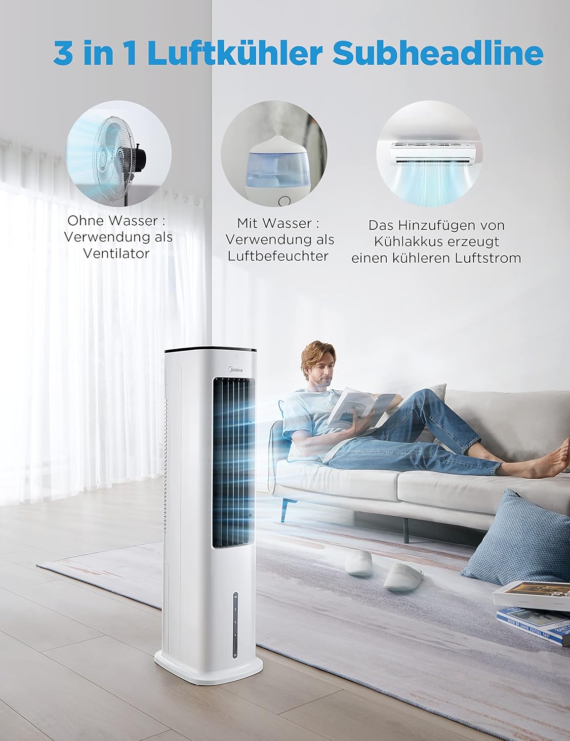 Midea Luftkühler mit Wasserkühlung, Klimaanlage Mobil, Ventilator mit 5L Wasserkühlung, Luftbefeuchter und Ionisation, Klimaanlage Ohne Abluftschlauch, 355m³/h, Ventilator mit Fernbedienung,55W,Weiß