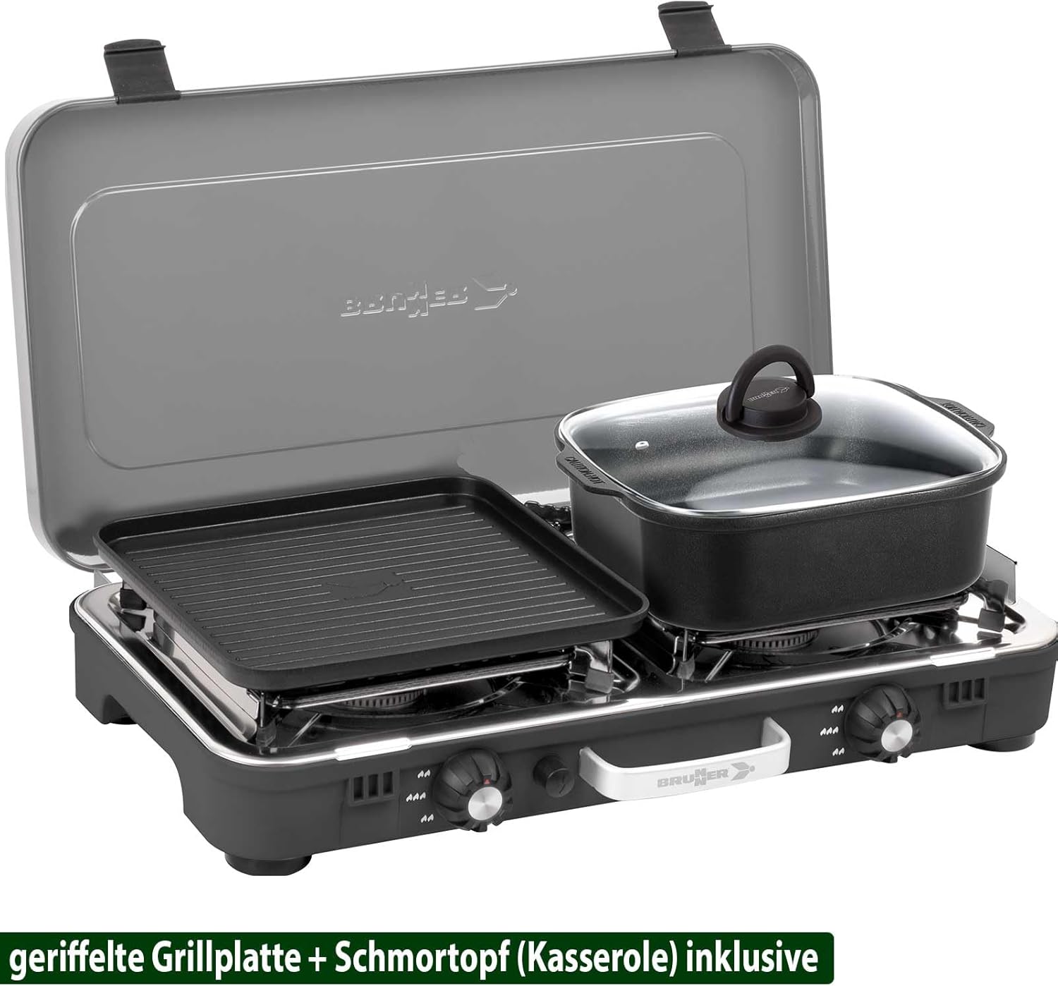 BRUNNER: 2-in-1 Tisch Camping-Kocher 2-flammig Edelstahl Gasgrill & Gaskocher - POWERKOOK 50mbar mit 1xSchmortopf + 1xGrillplatte- mit Gasregler + Gaschlauch
