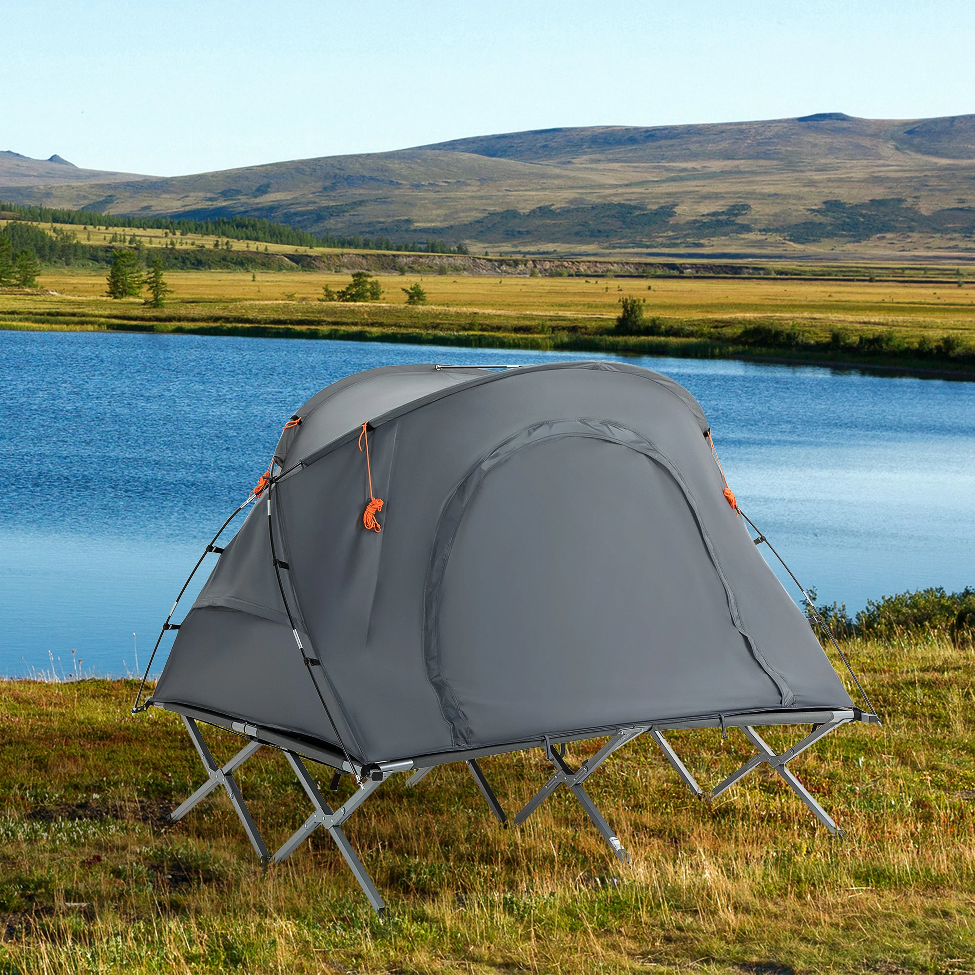 Outsunny Campingbett mit Zelt & Luftmatratze für 2 Personen, 200×146×159 cm, Grau