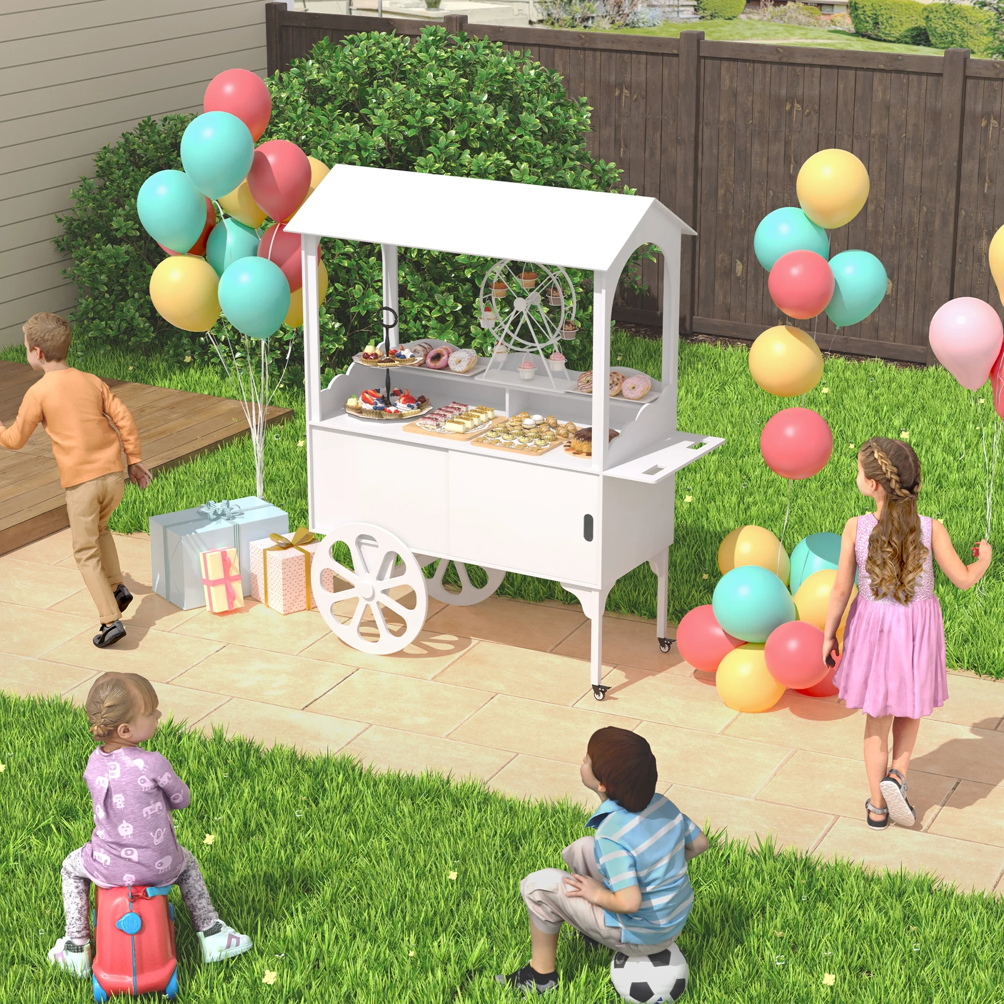 Candy Cart with Wheels for Party��Wood Dessert Cart with Storage Cabinet