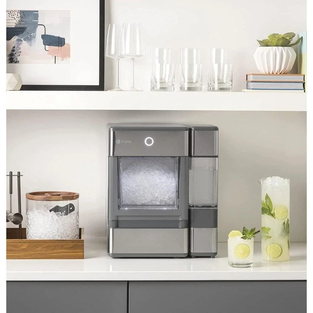 Fabbricatore di ghiaccio GE Profile Opal da banco, in acciaio inox con LED, Bluetooth, capacità di 24 libbre/giorno