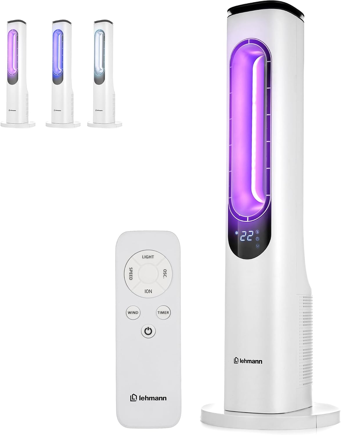 LEHMANN Turmventilator mit Fernbedienung & LED-Display, leiser Ventilator mit Schlafmodus, 15 h Timer, 3 Lichtfarben, 3 Modi, 3 Geschwindigkeiten, oszillierender Standventilator ohne Rotorblätter