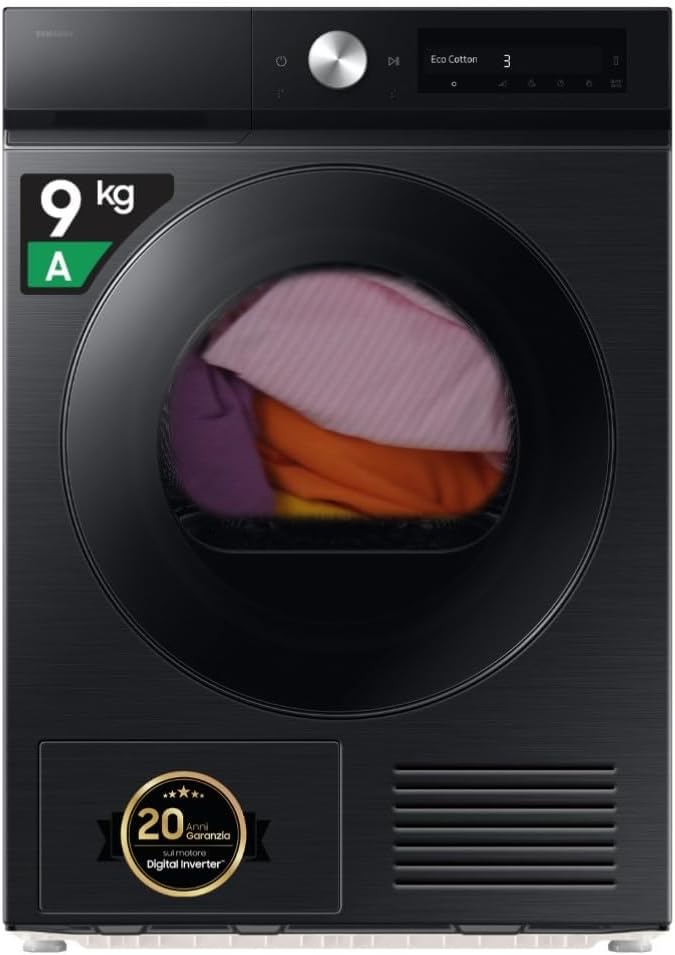 Asciugatrice Bespoke AI DV90DB7845GB/U3, 9 kg, Pompa di Calore, Wifi, QuickDrive, AI Dry, Hygine Dry, Carica Frontale, 60L x 85H x 60P cm