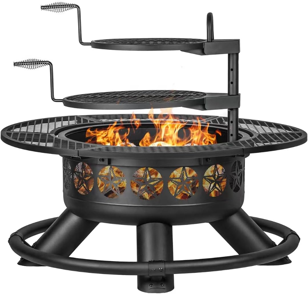 47 Inch Outdoor Fire Pit with 2 Grills  Extra Large BBQ Firepits for Outside  Metal Round Fire pits with Lid&Fire Poker 3 in 1 Wood Burning Outdoor Fireplaces for Backyard Patio Bonfire
