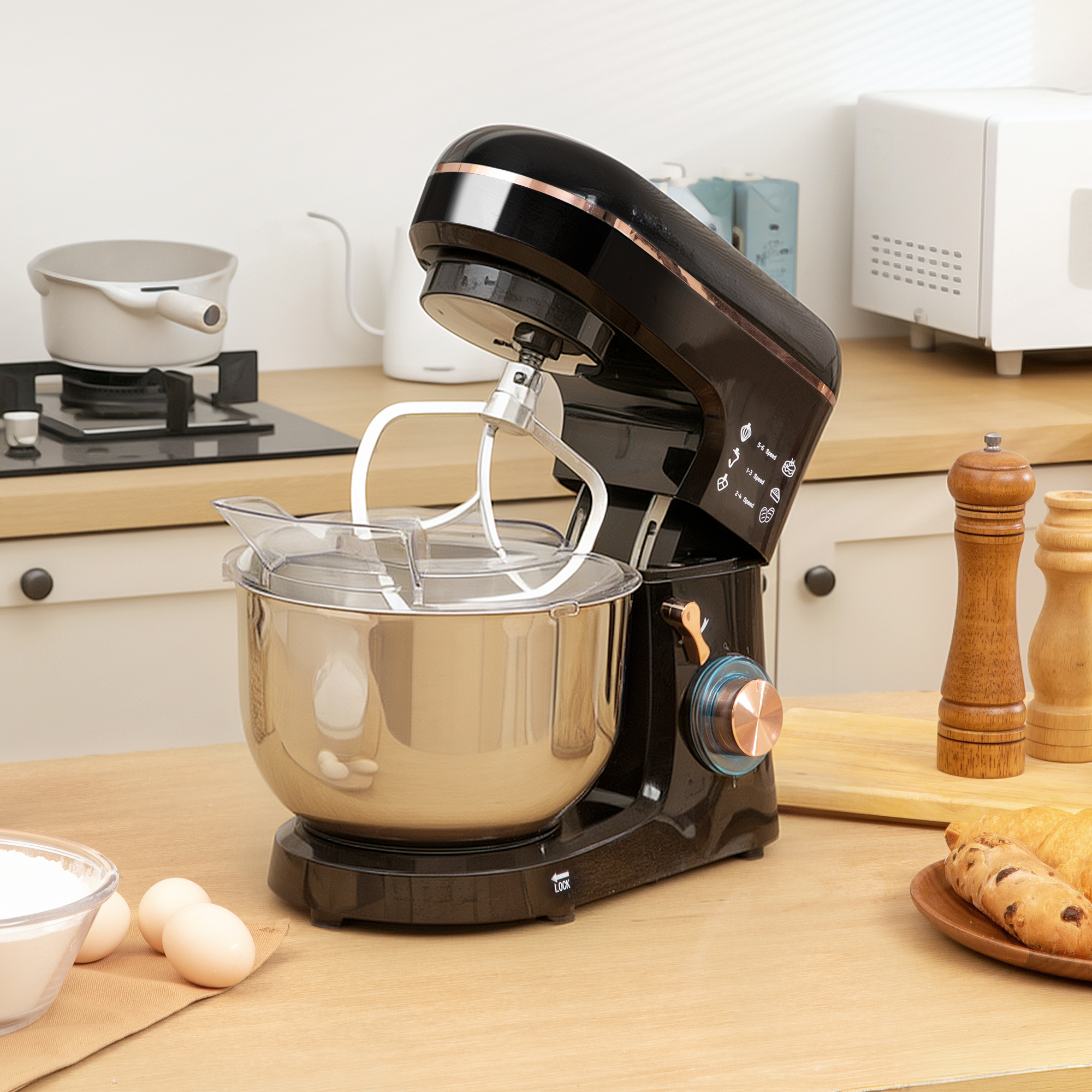 HOMCOM Staande Mixer, Keukenmachine, Mixer, 6 Standen, 5,5L Roestvrijstalen Kom, Zwart
