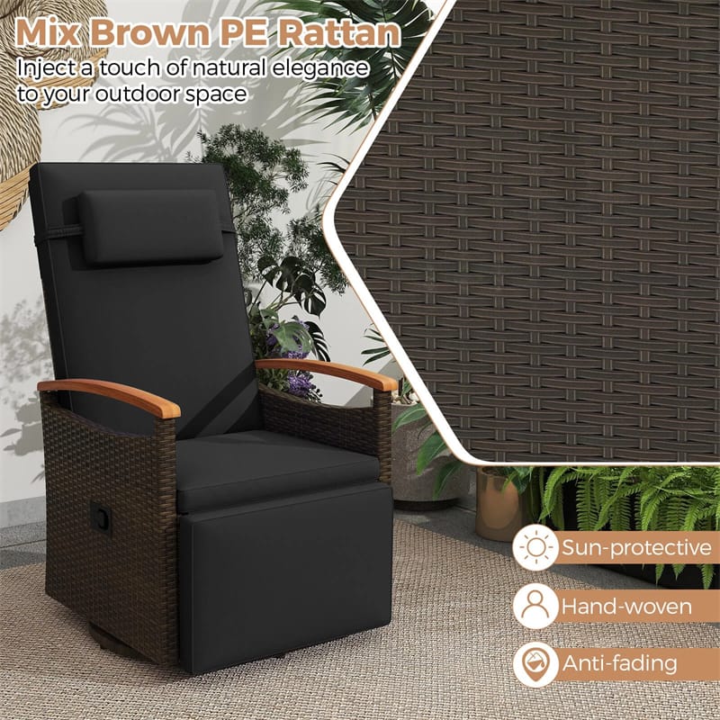 Outdoor Rattan 360° Swivel Recliner Chair, Patio Wicker Chaise Lounge Chair with Adjustable Backrest & Footrest, Flip Side Table & Cushions