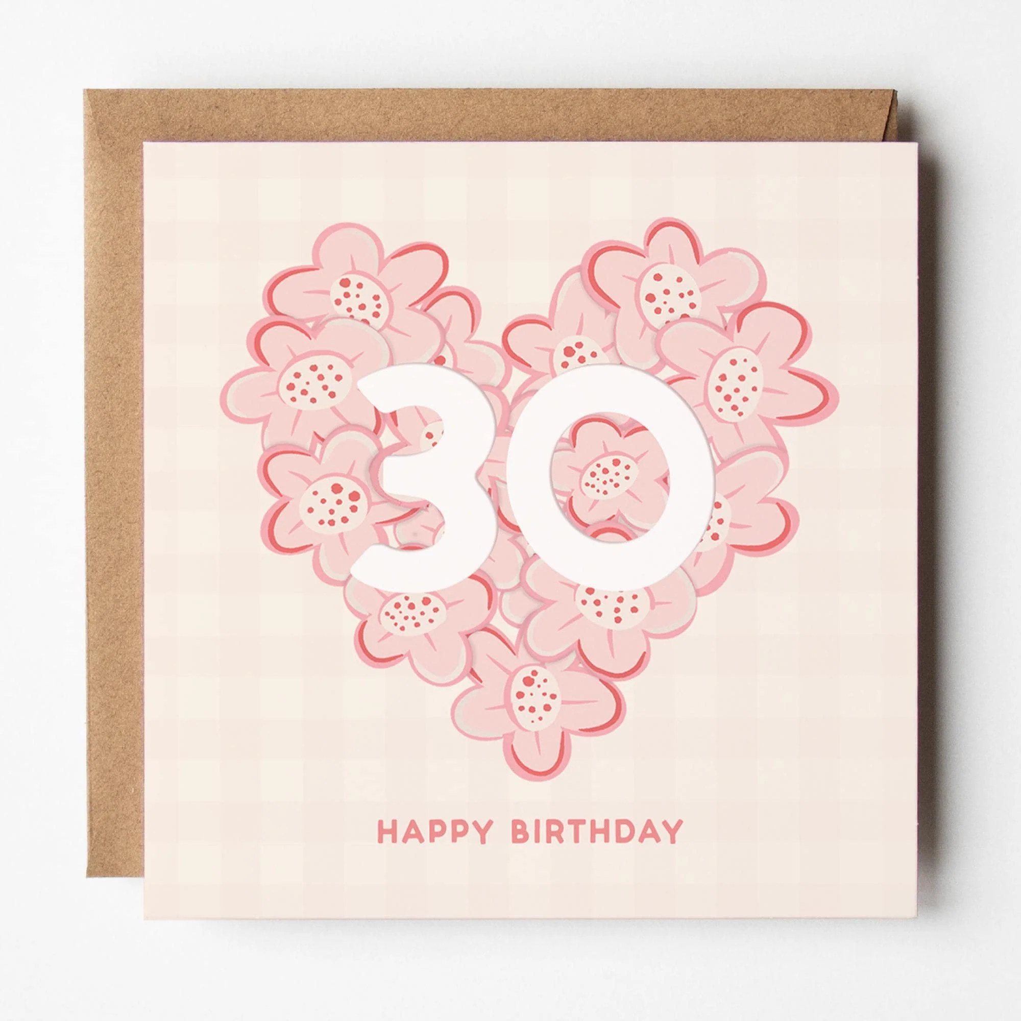 30th Birthday Card for Her; daughter, niece, sister, friend, auntie, pretty, pink, with Kraft envelope