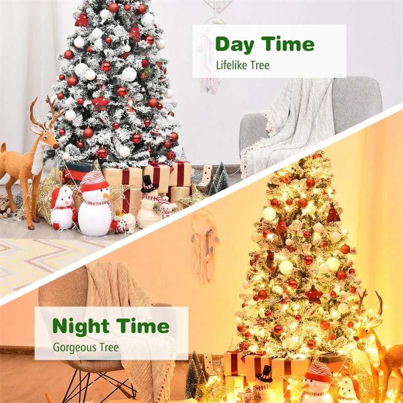Premium Pre-Lit Snow Flocked Artificial Christmas Tree with Hinged Branch Tips & LED Lights