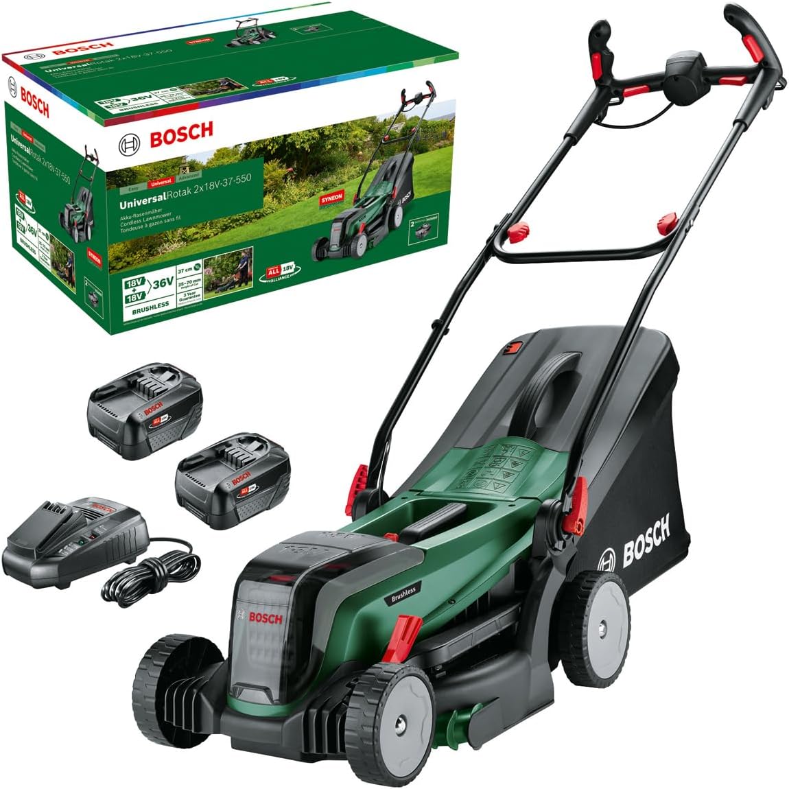 Bosch Tagliaerba/Tosaerba a batteria UniversalRotak 2x18V-37-550 (fino a 500 m2 con 2 batterie da 4.0 Ah; 18 Volt System; larghezza di taglio: 37 cm; 2 batterie da 18 V 4.0 Ah e caricabatteria)