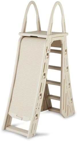 Confer Plastics 7200 Roll Guard 48" to 56" Adjustable A Frame Safety Ladder For Above Ground Outdoor Patio Swimming Pool Platform Ladder with Step Barrier, Warm Grey