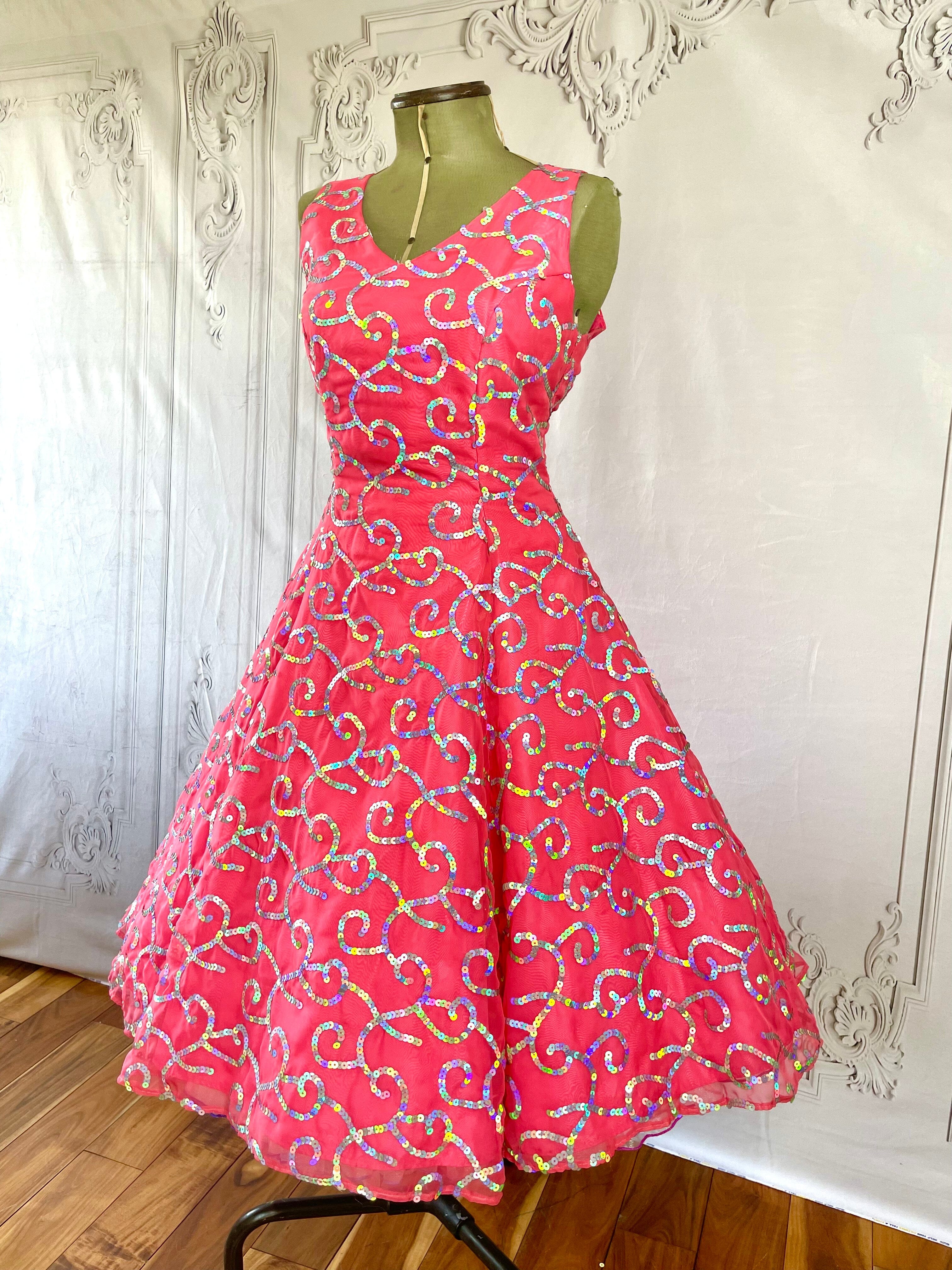 1960s Barbie Pink Iridescent Sequin Prom Dress