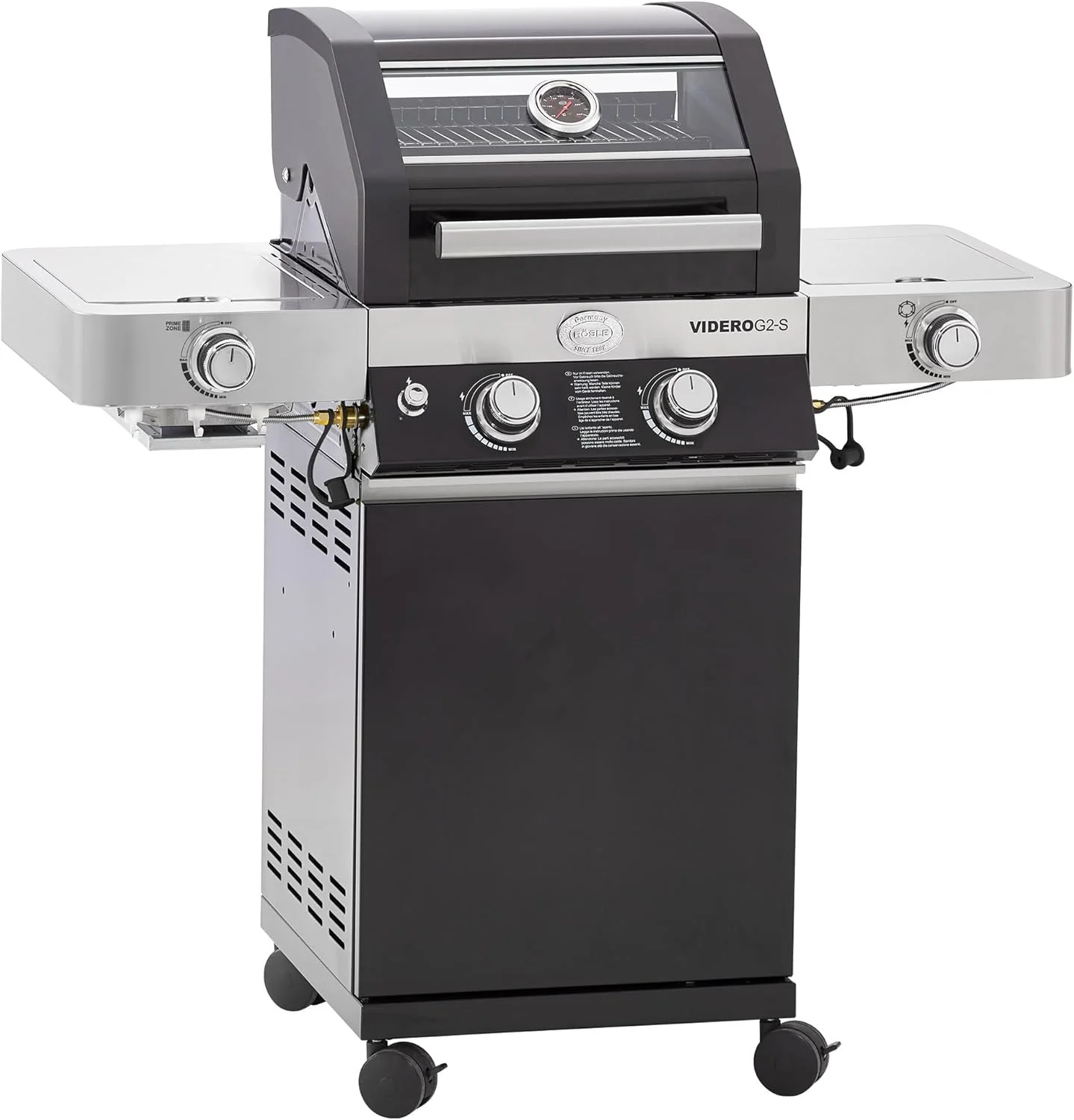 RÖSLE Elektrogrill BBQ-Portable Videro E2-P, tragbarer Tischgrill mit 2 Brennern, Warmhalterost und Deckel mit Glaseinsatz, pulverbeschichteter Stahl, schwarz/silbern