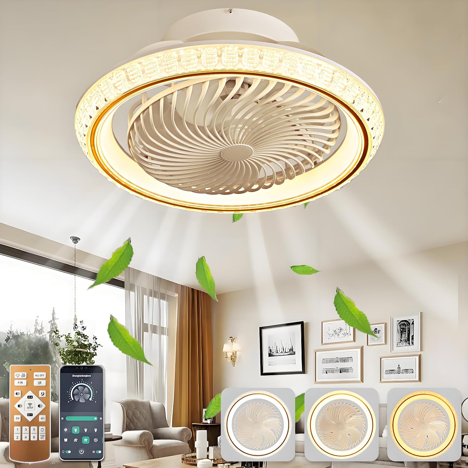 LED Deckenventilator mit Beleuchtung, Leise, 75W Deckenlampe mit Ventilator, Mit Fernbedienung und APP, 360° Drehung Lampe mit Ventilator, Reversibel, Internal, External luminescence, Gold