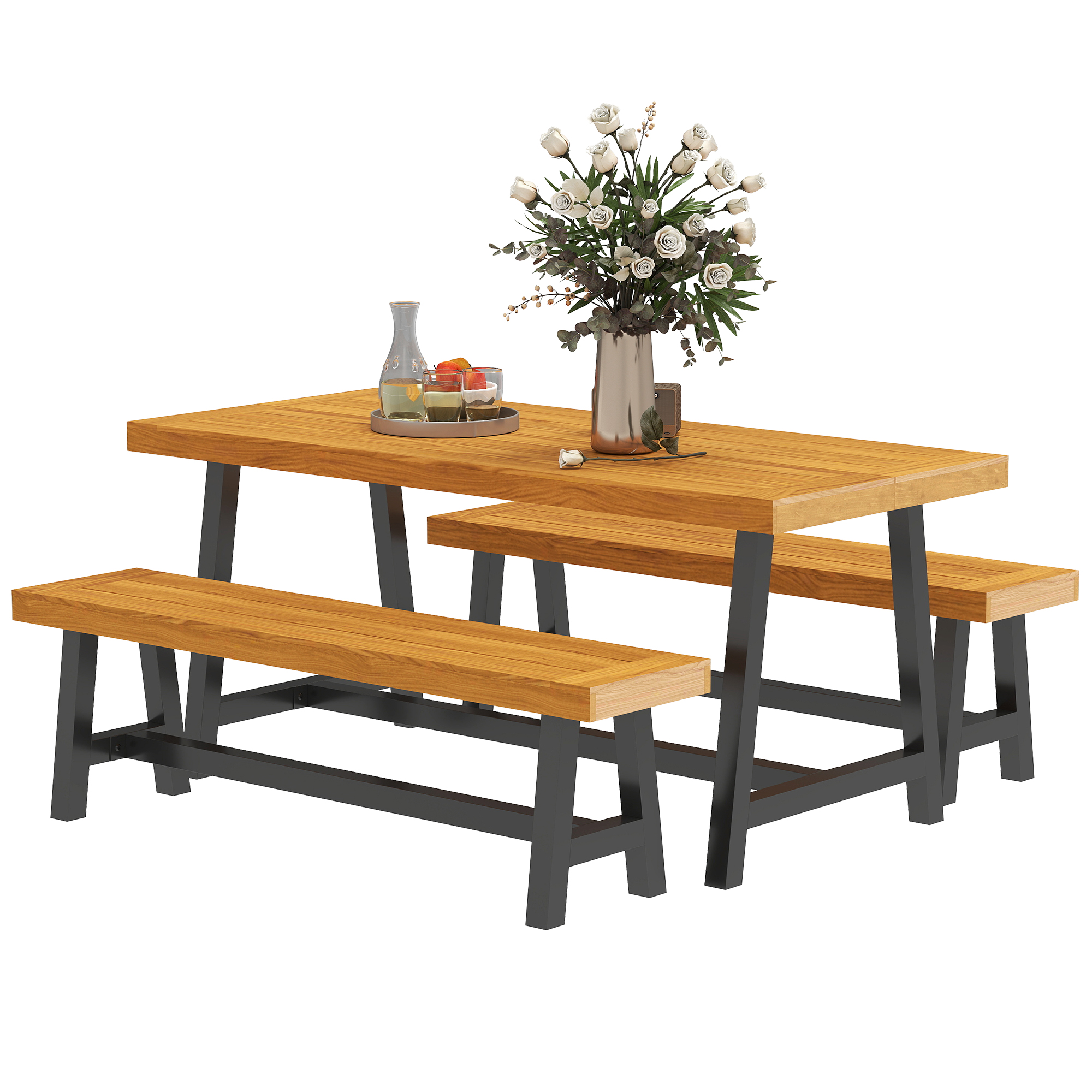 Outsunny Tuinmeubelset 3-delig Hout Eetgroep voor 4 Personen Eettafel met 2 Banken Teak