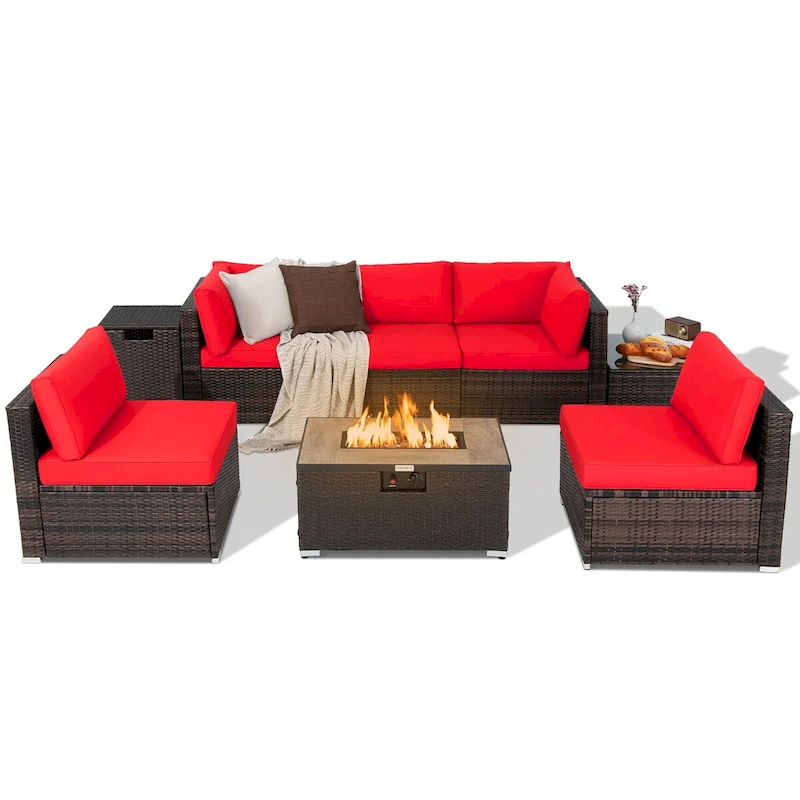 8PCS Patio Rattan Furniture Set Fire Pit Table Tank Holder Cover Deck