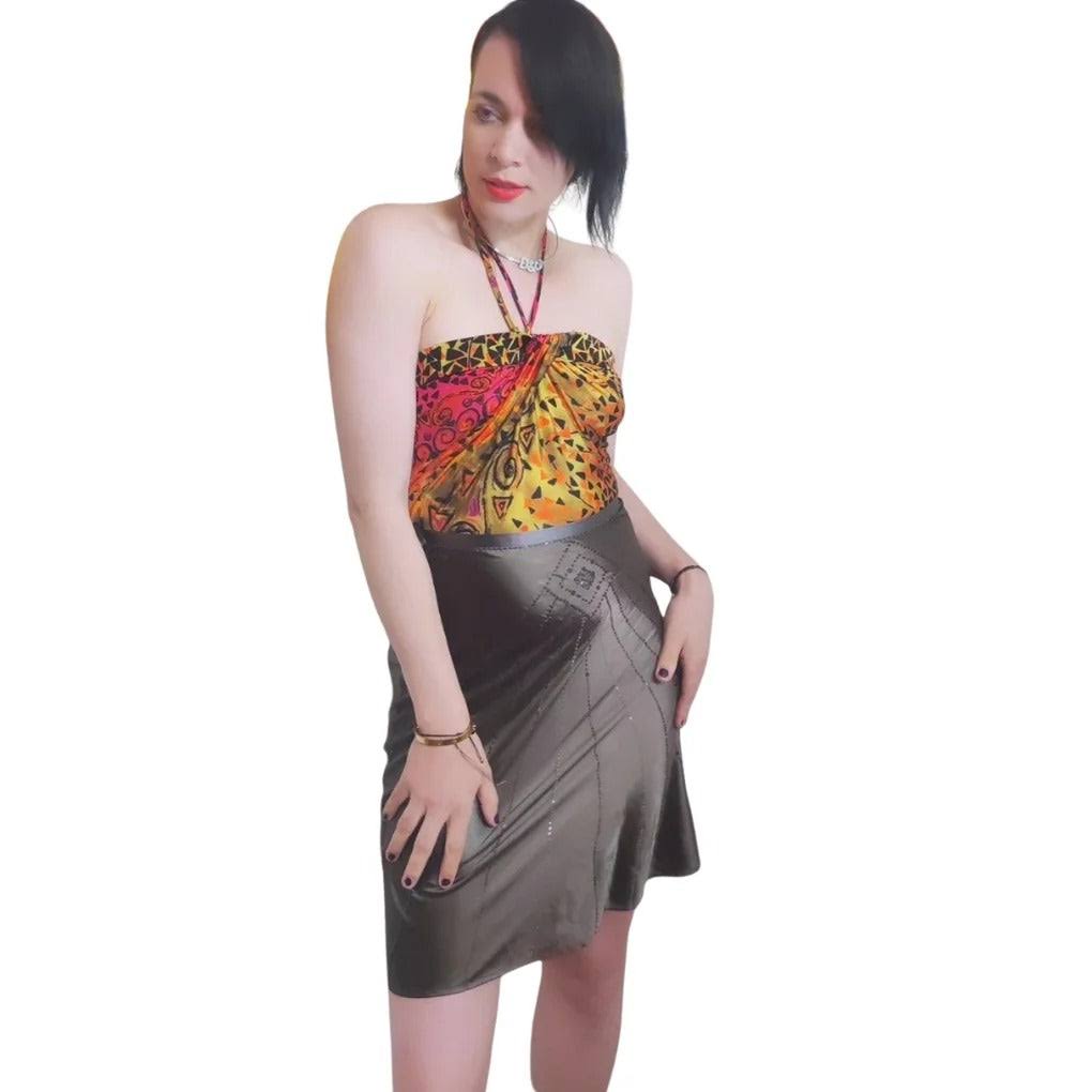 Vintage Patterned Halter Dress Bronze Skirt