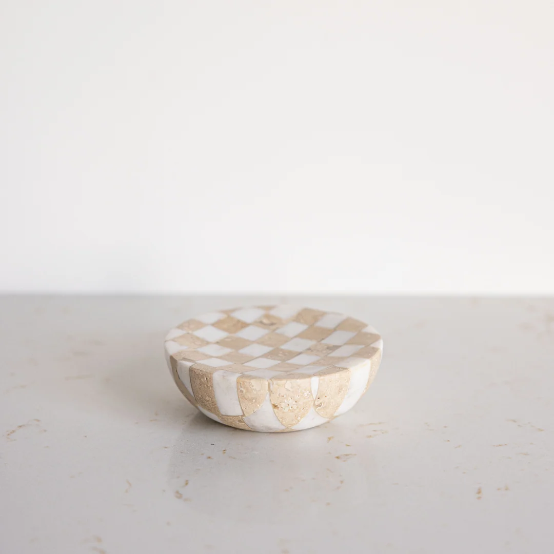 Checkered Travertine & Marble Soap Dish